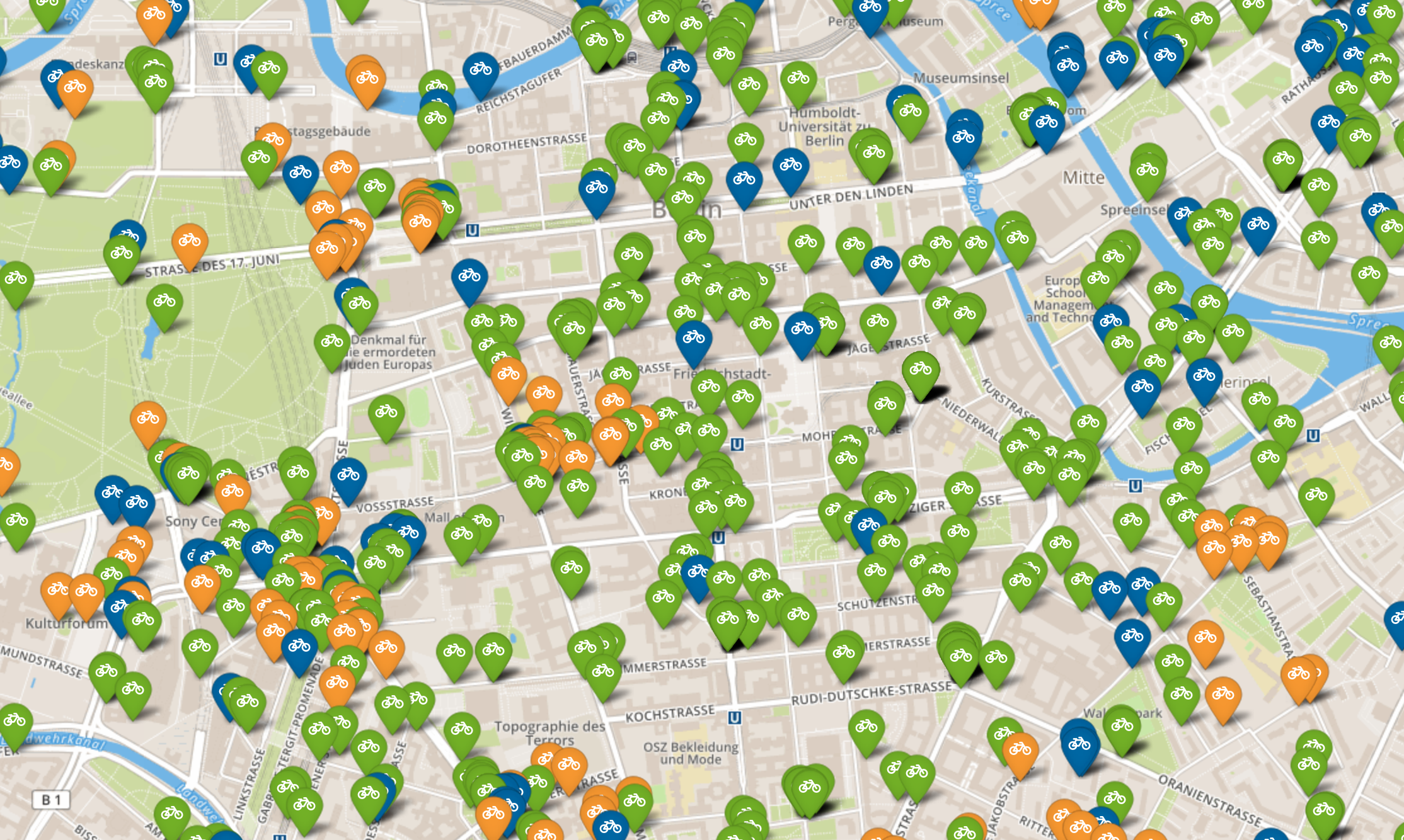 Map extract of Berlin with all Nextbike (blue), Lidlbike (green) und Mobike (orange) locations.